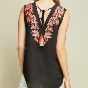 Vici Black Top with Coral Embroidery and Pink & Red Tassel Tie Back